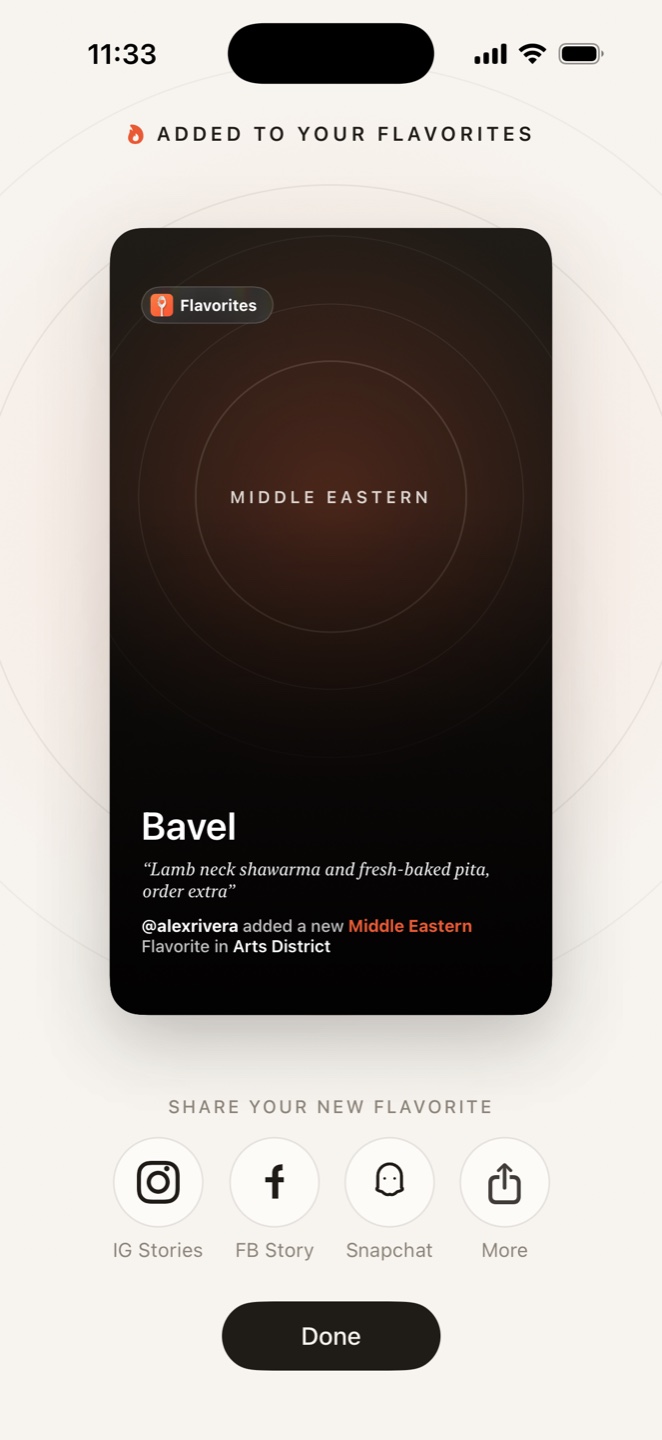 The Flavorites success screen after adding Bavel as a Middle Eastern pick, with a shareable story card